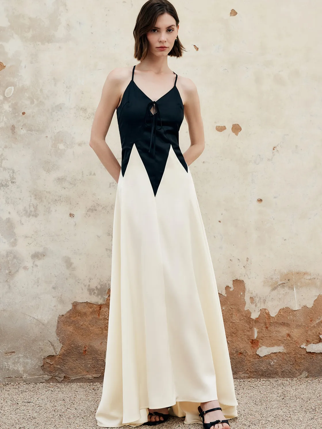 COMMENSE Color Block Pleated Cutout Cami Long Dress* Cocktail & Party Dresses|Summer Dresses