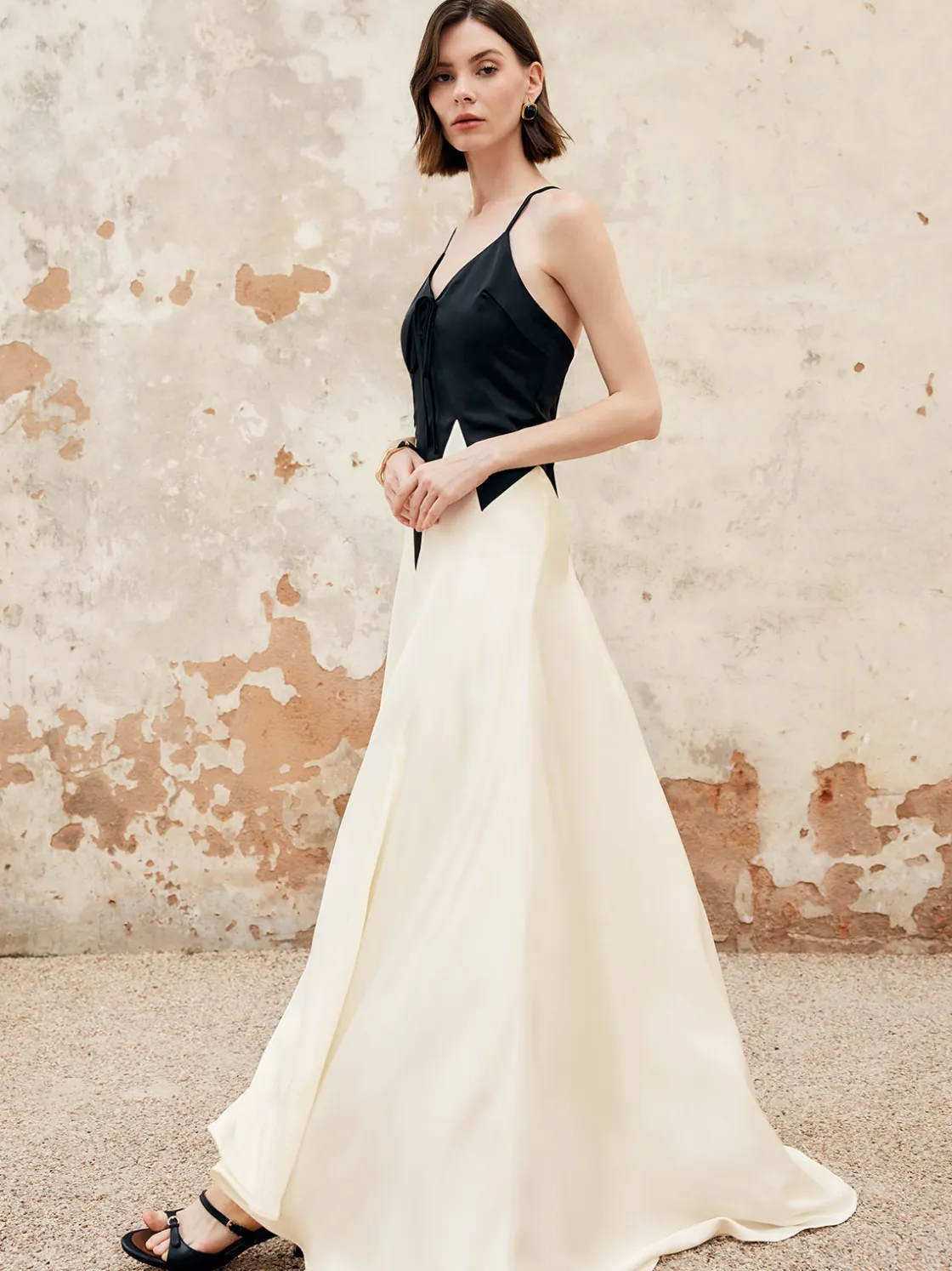 COMMENSE Color Block Pleated Cutout Cami Long Dress* Cocktail & Party Dresses|Summer Dresses
