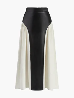 COMMENSE Color Block Pleated Faux Leather Panel Skirt* Skirts|Bottoms