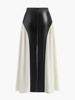 COMMENSE Color Block Pleated Faux Leather Panel Skirt* Skirts|Bottoms