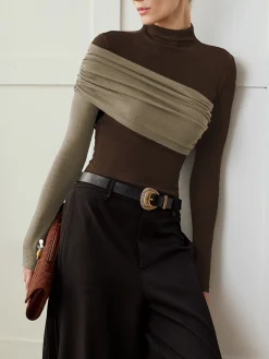 COMMENSE Color Block Pleated Jersey Slim Top* T-shirts|Tops