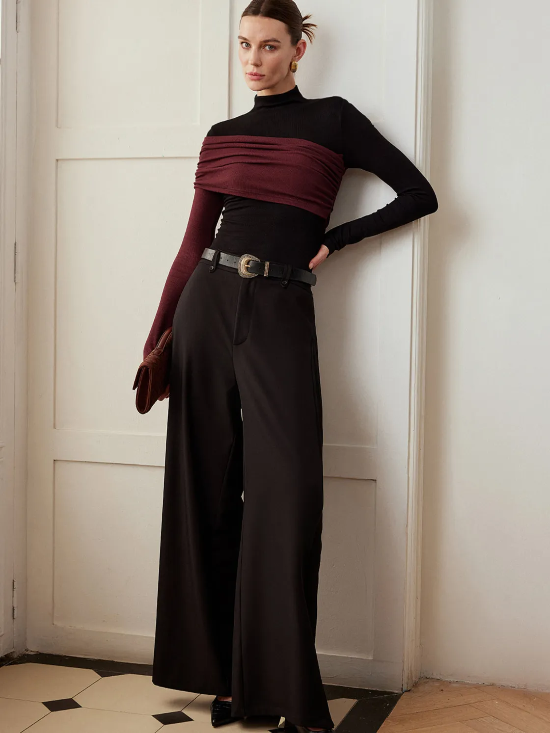COMMENSE Color Block Pleated Jersey Slim Top* T-shirts|Tops