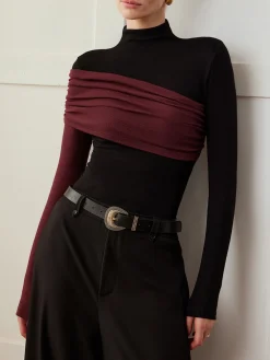 COMMENSE Color Block Pleated Jersey Slim Top* T-shirts|Tops
