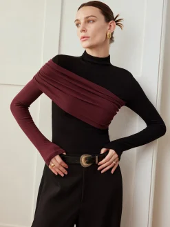 COMMENSE Color Block Pleated Jersey Slim Top* T-shirts|Tops