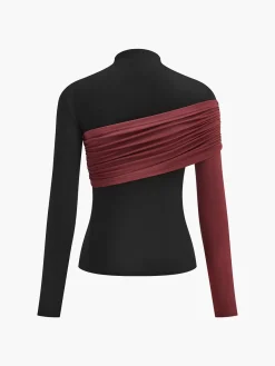 COMMENSE Color Block Pleated Jersey Slim Top* T-shirts|Tops
