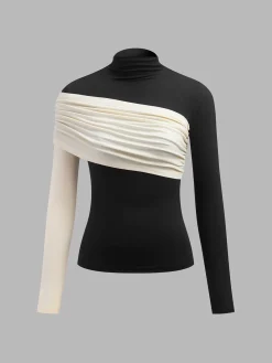 COMMENSE Color Block Pleated Jersey Slim Top* T-shirts|Tops