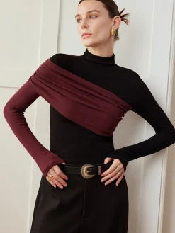 COMMENSE Color Block Pleated Jersey Slim Top* T-shirts|Tops