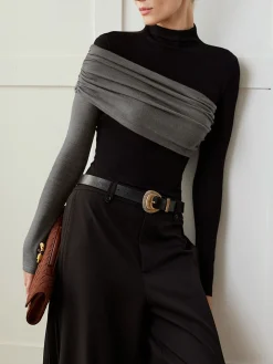 COMMENSE Color Block Pleated Jersey Slim Top* T-shirts|Tops