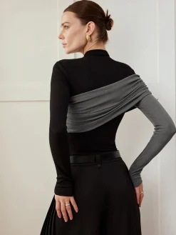 COMMENSE Color Block Pleated Jersey Slim Top* T-shirts|Tops