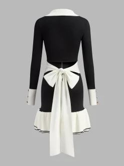 COMMENSE Color Block Ruffle Bow Knit Dress* Black Dresses|Sweater Dresses