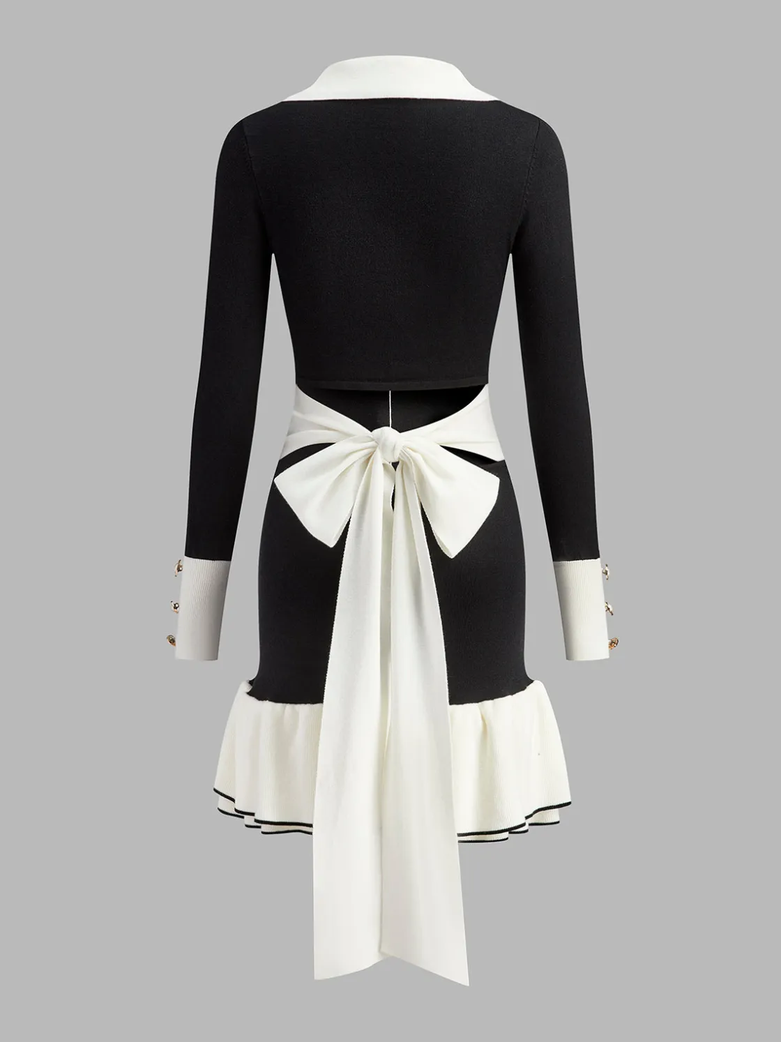 COMMENSE Color Block Ruffle Bow Knit Dress* Black Dresses|Sweater Dresses