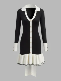 COMMENSE Color Block Ruffle Bow Knit Dress* Black Dresses|Sweater Dresses