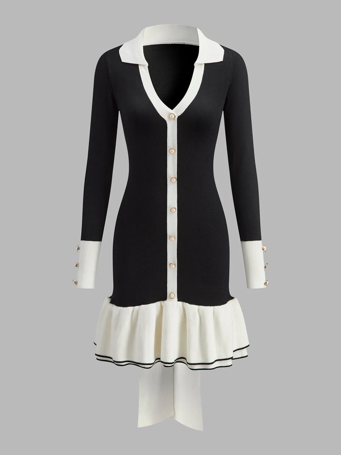 COMMENSE Color Block Ruffle Bow Knit Dress* Black Dresses|Sweater Dresses