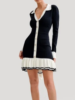 COMMENSE Color Block Ruffle Bow Knit Dress* Black Dresses|Sweater Dresses