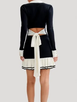 COMMENSE Color Block Ruffle Bow Knit Dress* Black Dresses|Sweater Dresses