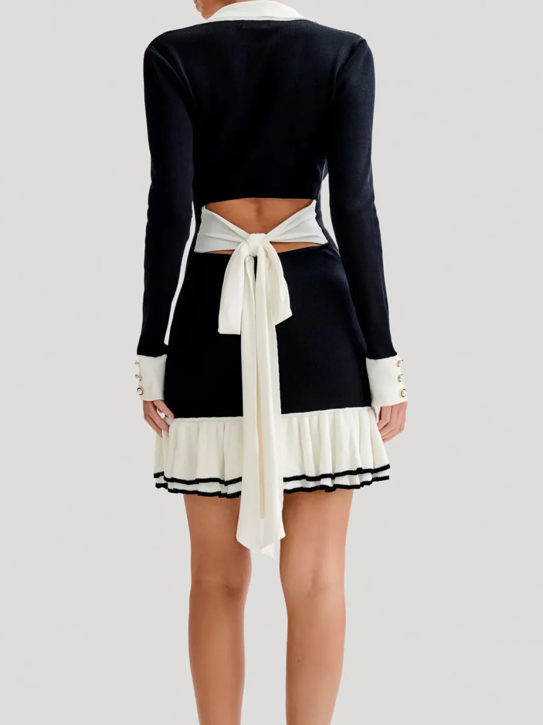 COMMENSE Color Block Ruffle Bow Knit Dress* Black Dresses|Sweater Dresses