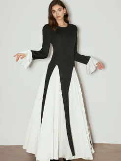 COMMENSE Color Block Ruffle Long Dress* Black Dresses|Casual Dresses