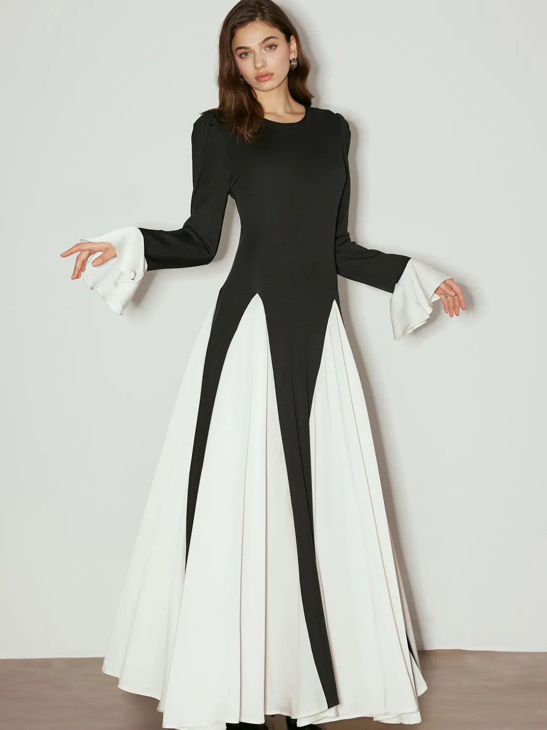COMMENSE Color Block Ruffle Long Dress* Black Dresses|Casual Dresses