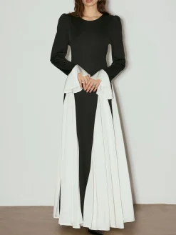 COMMENSE Color Block Ruffle Long Dress* Black Dresses|Casual Dresses