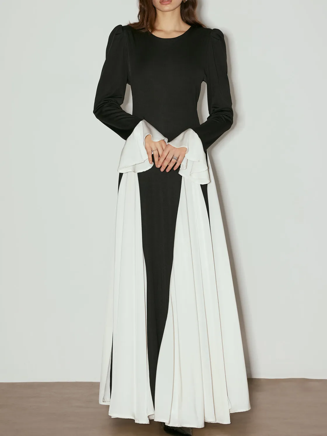 COMMENSE Color Block Ruffle Long Dress* Black Dresses|Casual Dresses