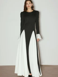 COMMENSE Color Block Ruffle Long Dress* Black Dresses|Casual Dresses