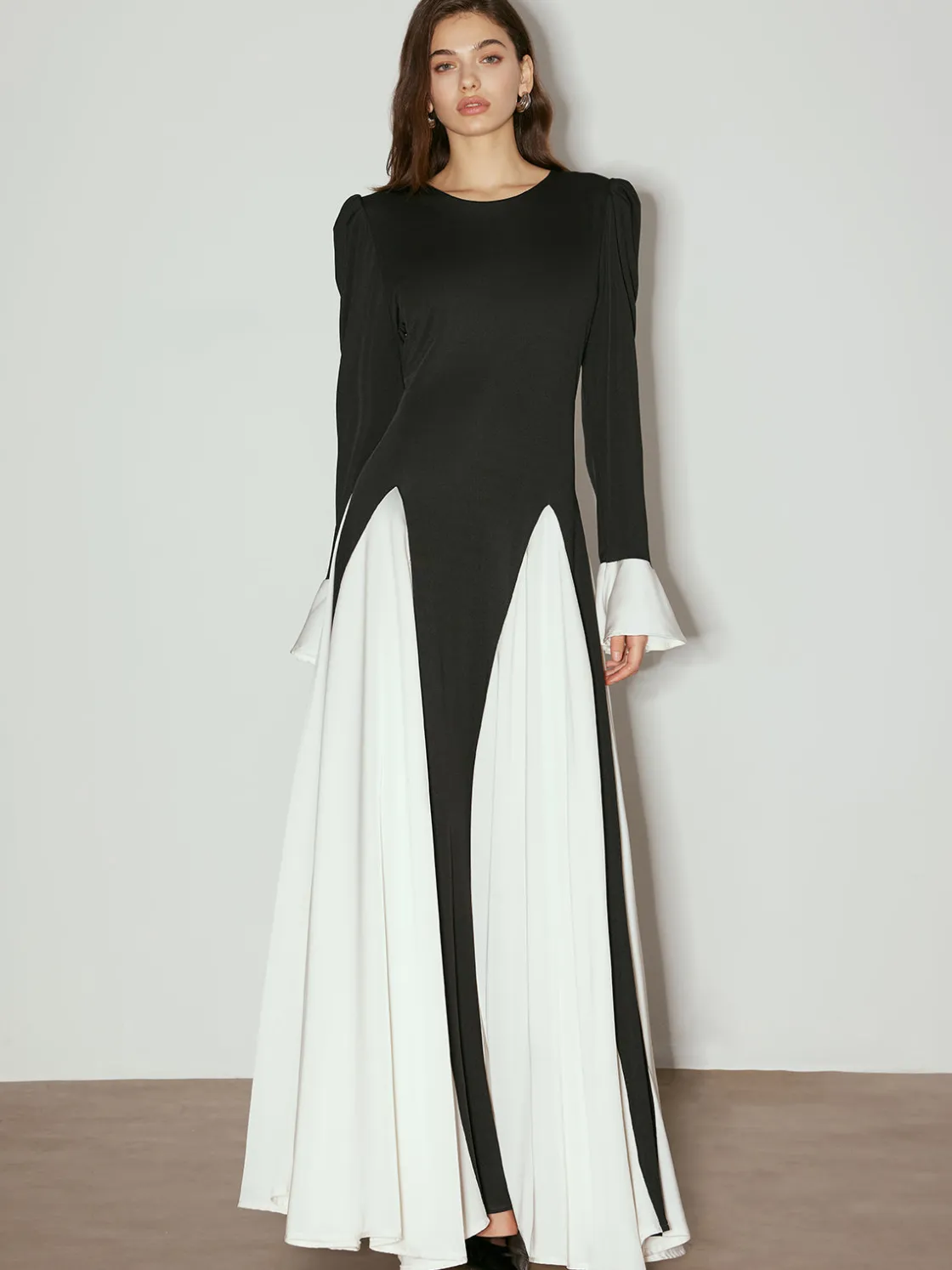 COMMENSE Color Block Ruffle Long Dress* Black Dresses|Casual Dresses