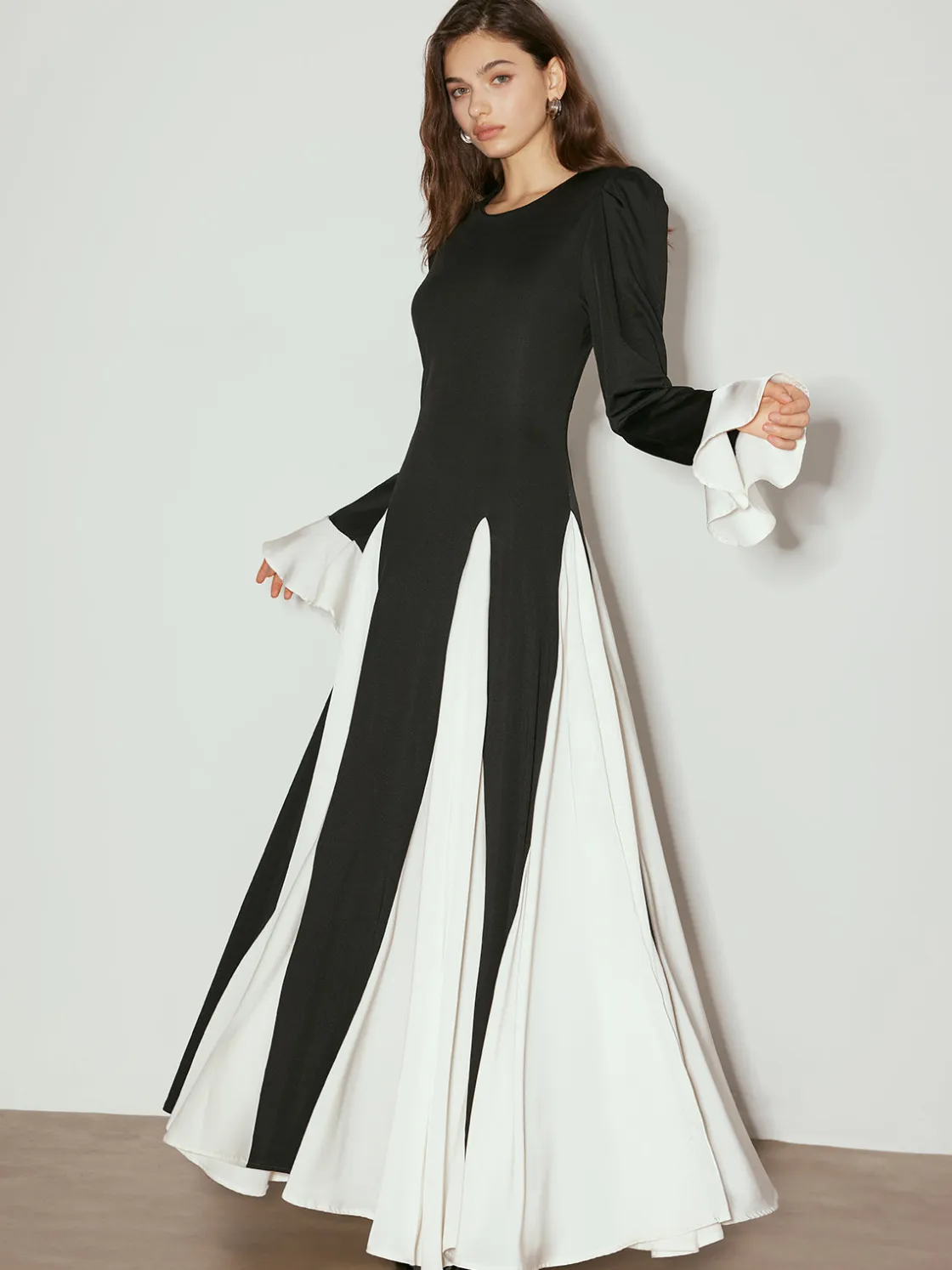 COMMENSE Color Block Ruffle Long Dress* Black Dresses|Casual Dresses