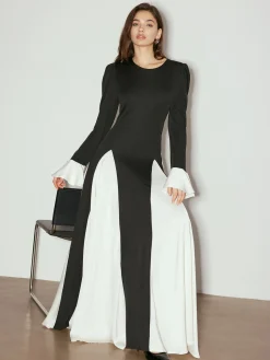 COMMENSE Color Block Ruffle Long Dress* Black Dresses|Casual Dresses