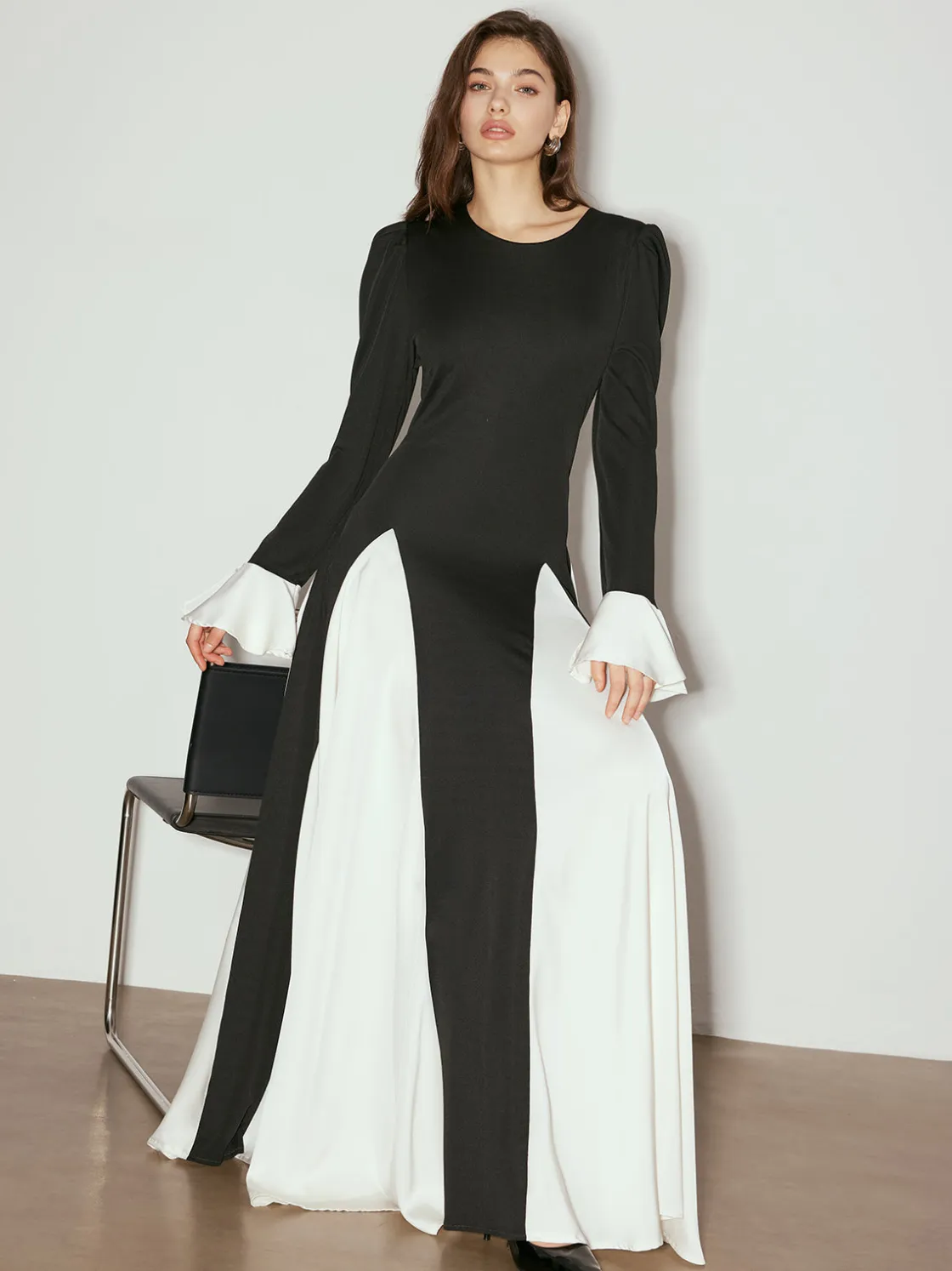 COMMENSE Color Block Ruffle Long Dress* Black Dresses|Casual Dresses