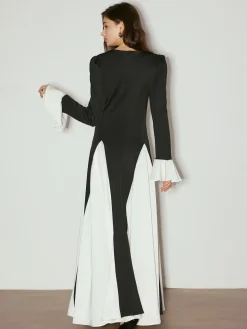 COMMENSE Color Block Ruffle Long Dress* Black Dresses|Casual Dresses