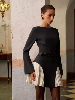 COMMENSE Color Block Side-Pleated Belted Short Dress* Dresses