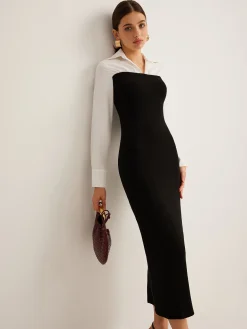 COMMENSE Color Block Skinny Lapel Dress* Black Dresses|Work Dresses