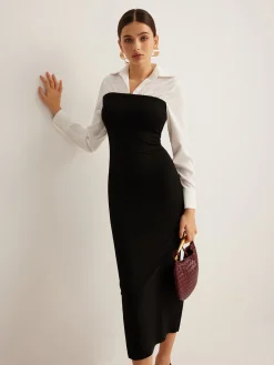 COMMENSE Color Block Skinny Lapel Dress* Black Dresses|Work Dresses
