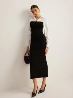 COMMENSE Color Block Skinny Lapel Dress* Black Dresses|Work Dresses