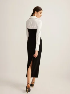 COMMENSE Color Block Skinny Lapel Dress* Black Dresses|Work Dresses