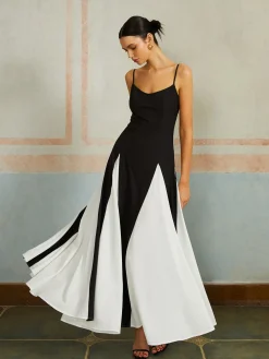 COMMENSE Color Block Spaghetti Strap Long Dress* Black Dresses|Casual Dresses