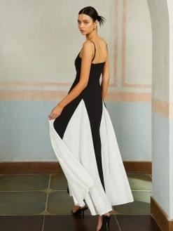 COMMENSE Color Block Spaghetti Strap Long Dress* Black Dresses|Casual Dresses