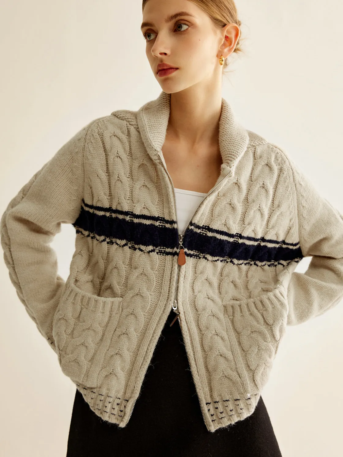COMMENSE Color Block Twist Zipper Knit Outerwear* Sweater Tops|Outerwear