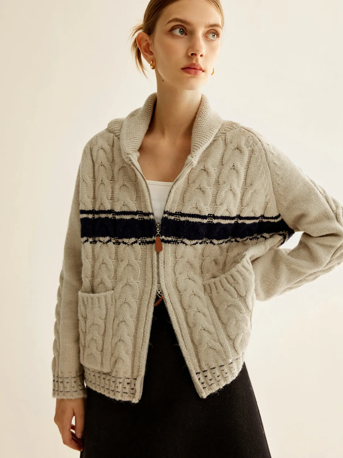 COMMENSE Color Block Twist Zipper Knit Outerwear* Sweater Tops|Outerwear