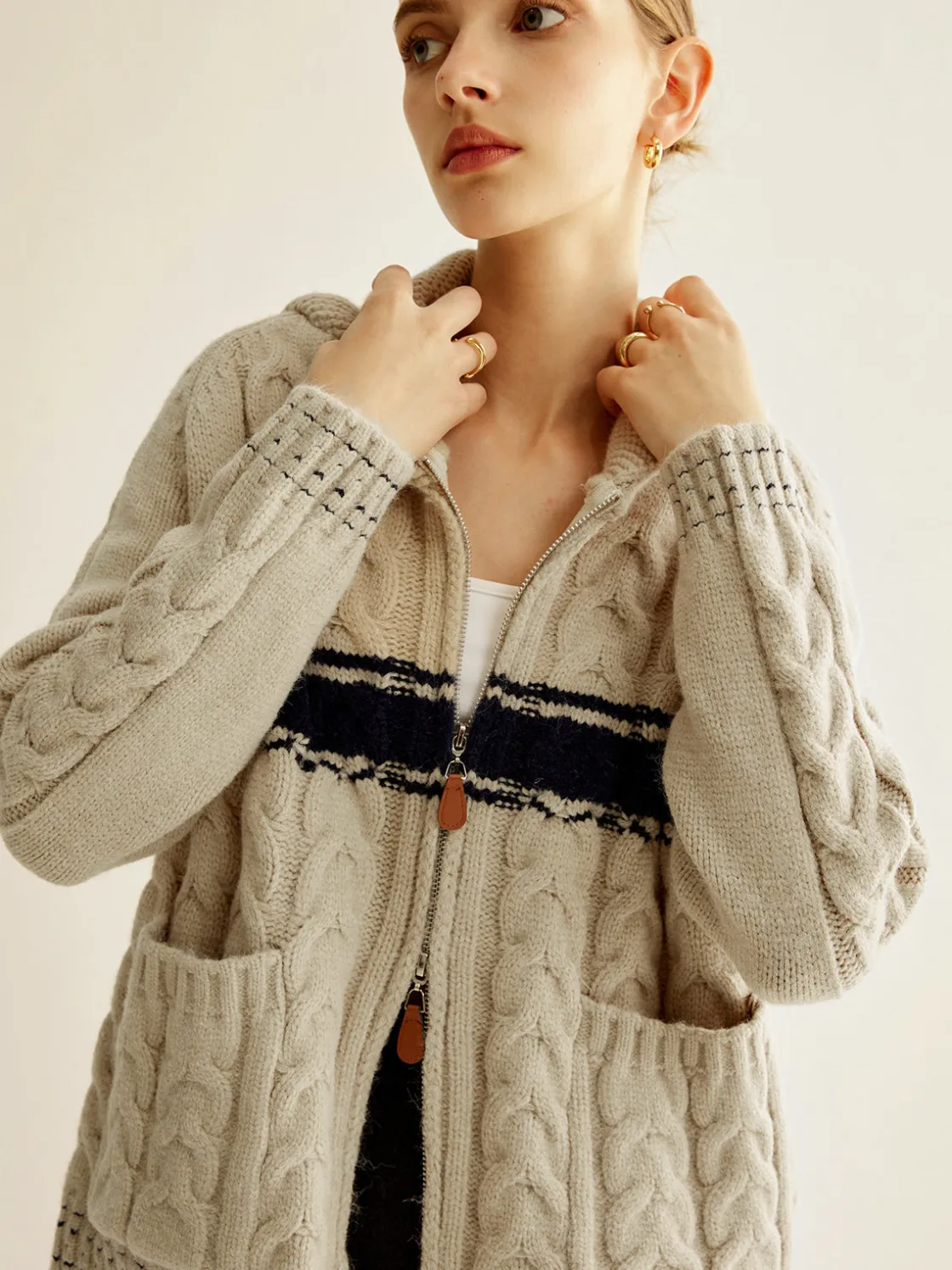COMMENSE Color Block Twist Zipper Knit Outerwear* Sweater Tops|Outerwear