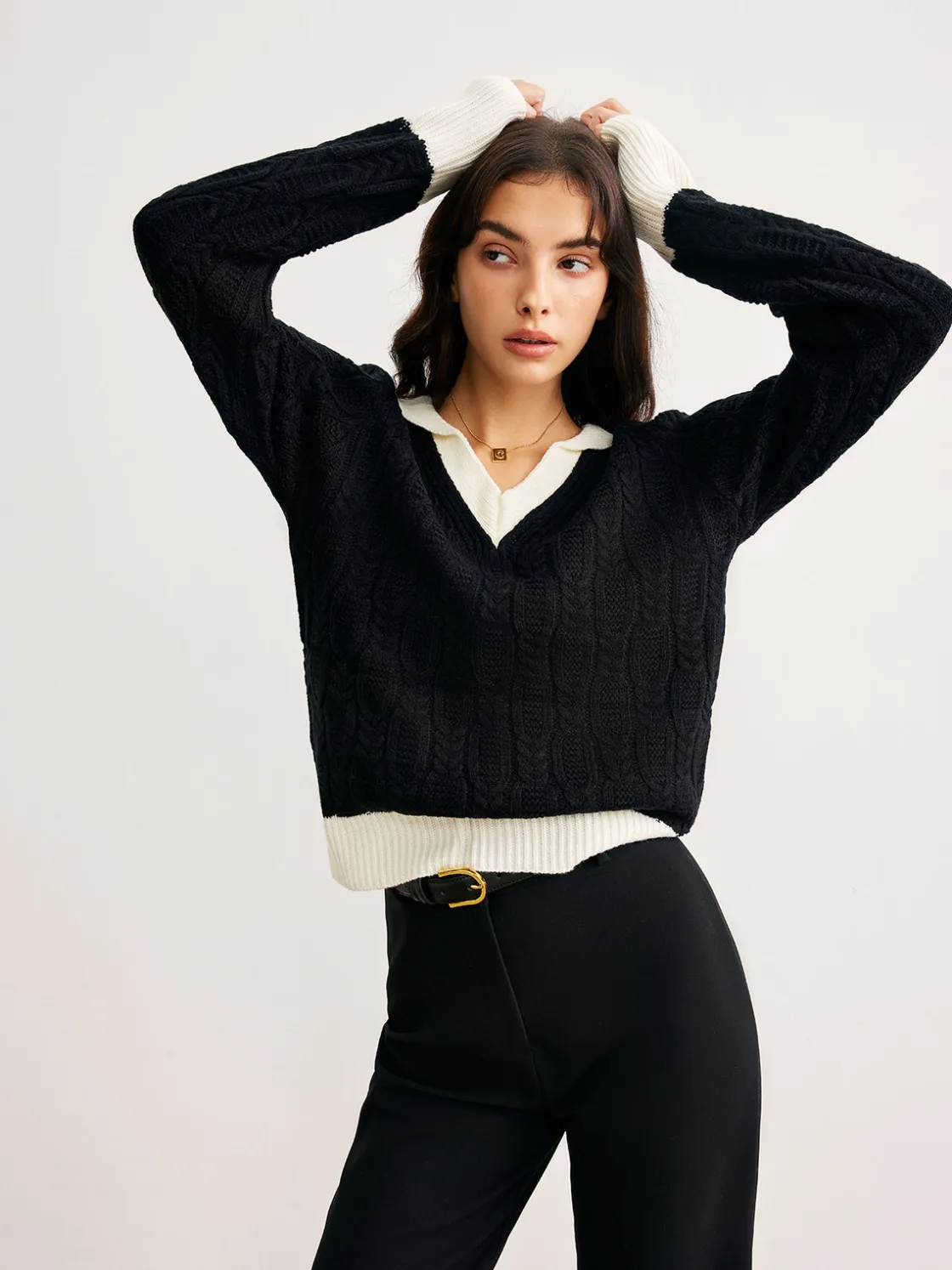 COMMENSE Color Block V-Neck Twist Sweater* Sweater Tops|Sweaters & Cardigans