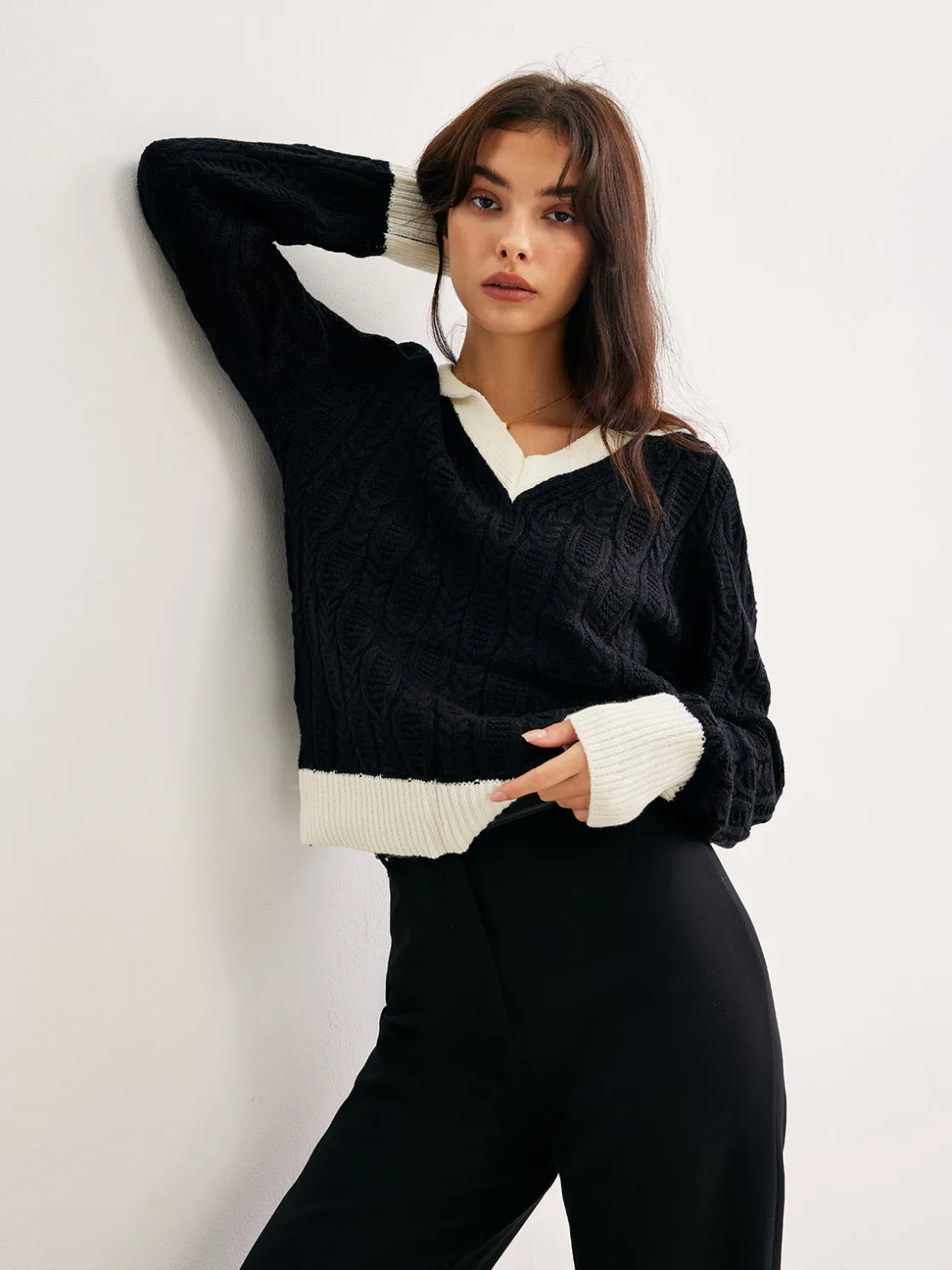 COMMENSE Color Block V-Neck Twist Sweater* Sweater Tops|Sweaters & Cardigans
