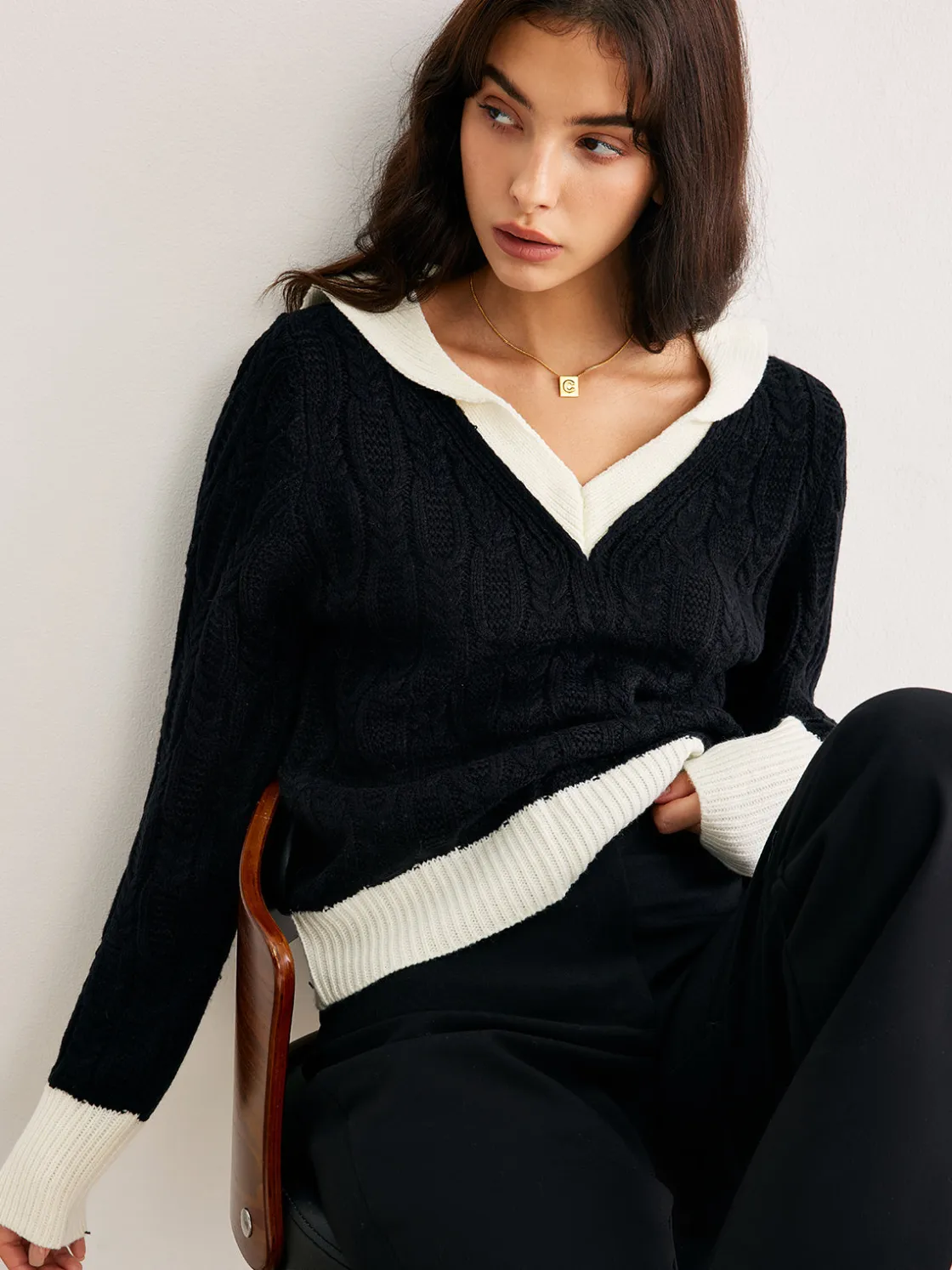 COMMENSE Color Block V-Neck Twist Sweater* Sweater Tops|Sweaters & Cardigans