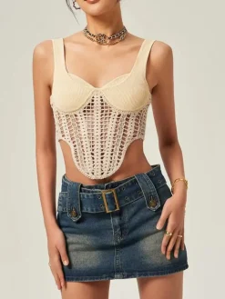 COMMENSE Contour Piping Crochet Crop Top* Sweater Tops|Sweaters & Cardigans