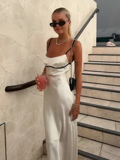 COMMENSE Contrast Binding Backless Long Dress* White Dresses|Cocktail & Party Dresses