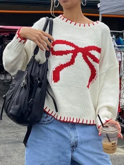 COMMENSE Contrast Binding Bow Sweater* Sweater Tops|Sweaters & Cardigans