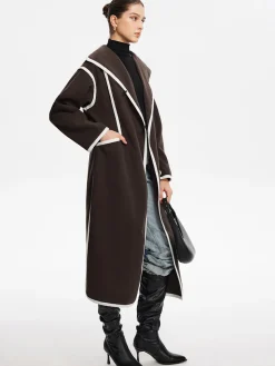 COMMENSE Contrast Binding Breasted Long Coat* Outerwear|Coats