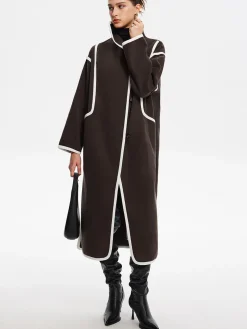 COMMENSE Contrast Binding Breasted Long Coat* Outerwear|Coats