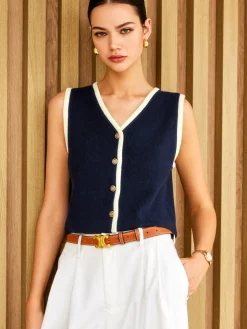 COMMENSE Contrast Binding Golden Button Sweater Vest* Sweater Vests|Sweaters & Cardigans