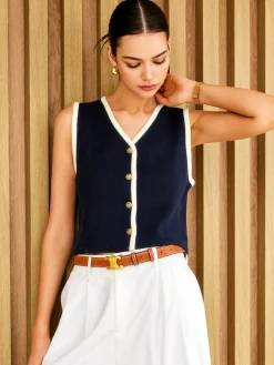 COMMENSE Contrast Binding Golden Button Sweater Vest* Sweater Vests|Sweaters & Cardigans